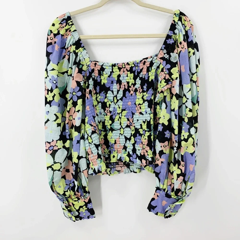 Free People Ariana Square Neck Smocked Top in Retro Floral Sz M